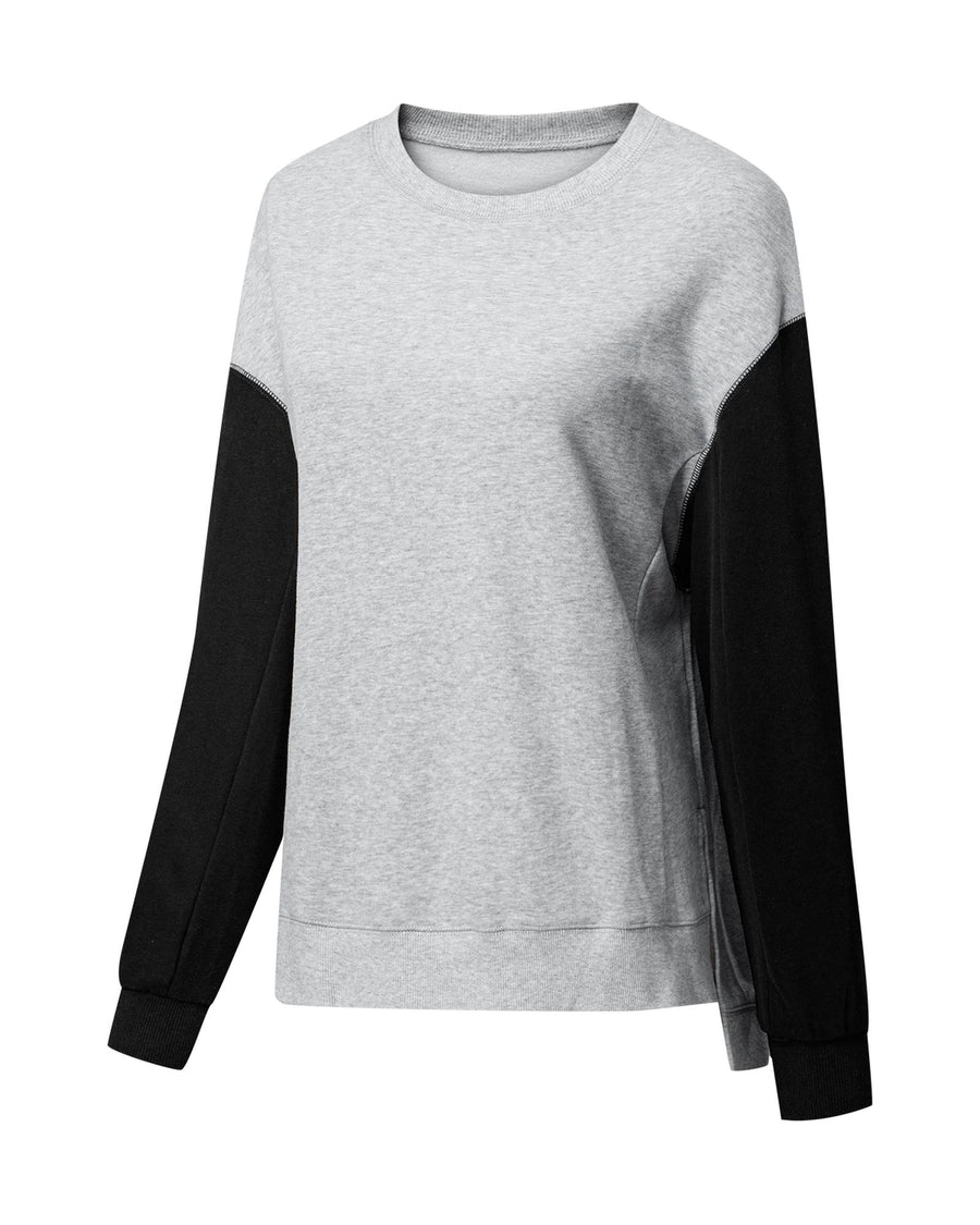 Gray Two Tone Patchwork Drop Shoulder Pullover Sweatshirt - L