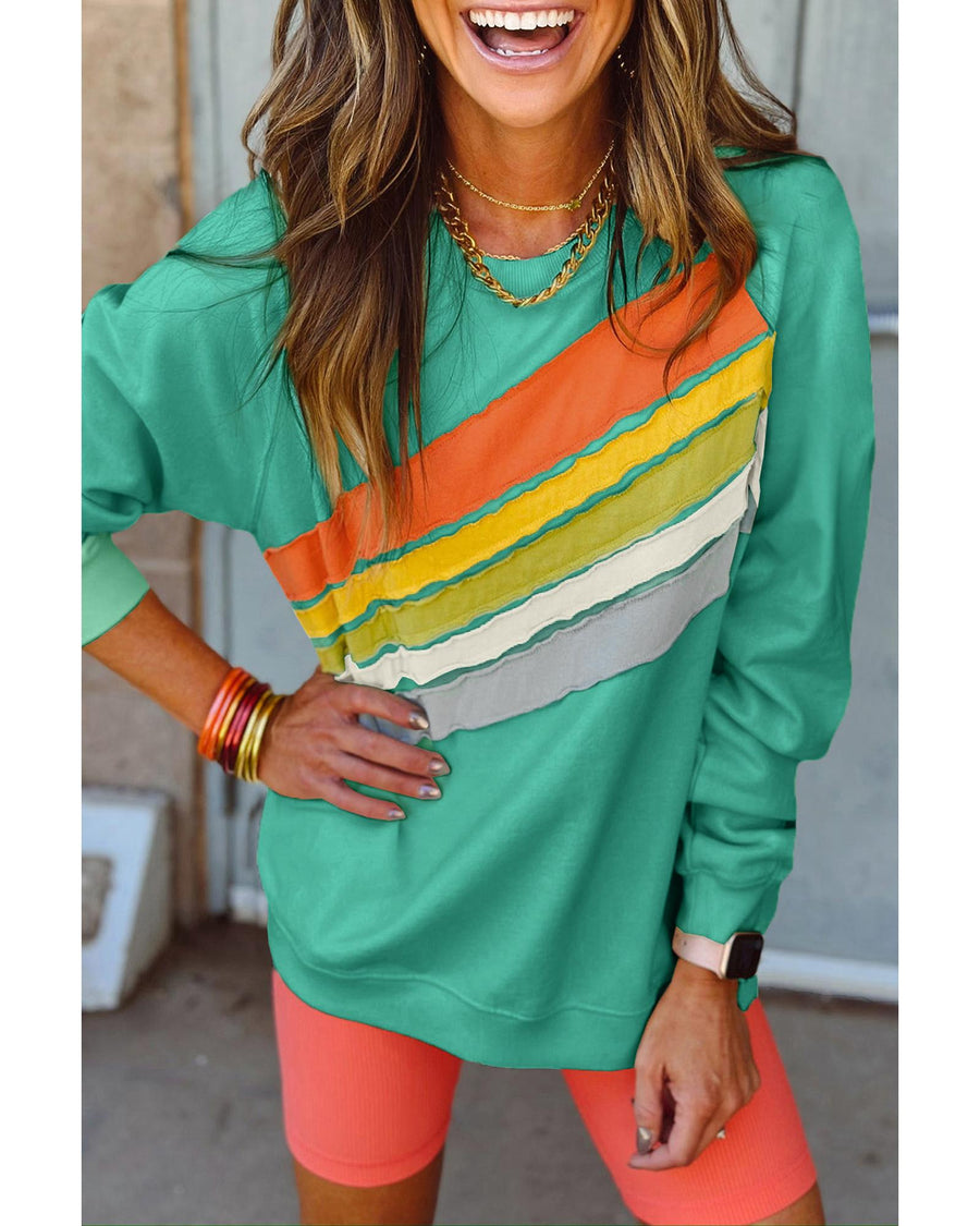 Mint Green Rainbow Colorblock Striped Pullover Sweatshirt - XL