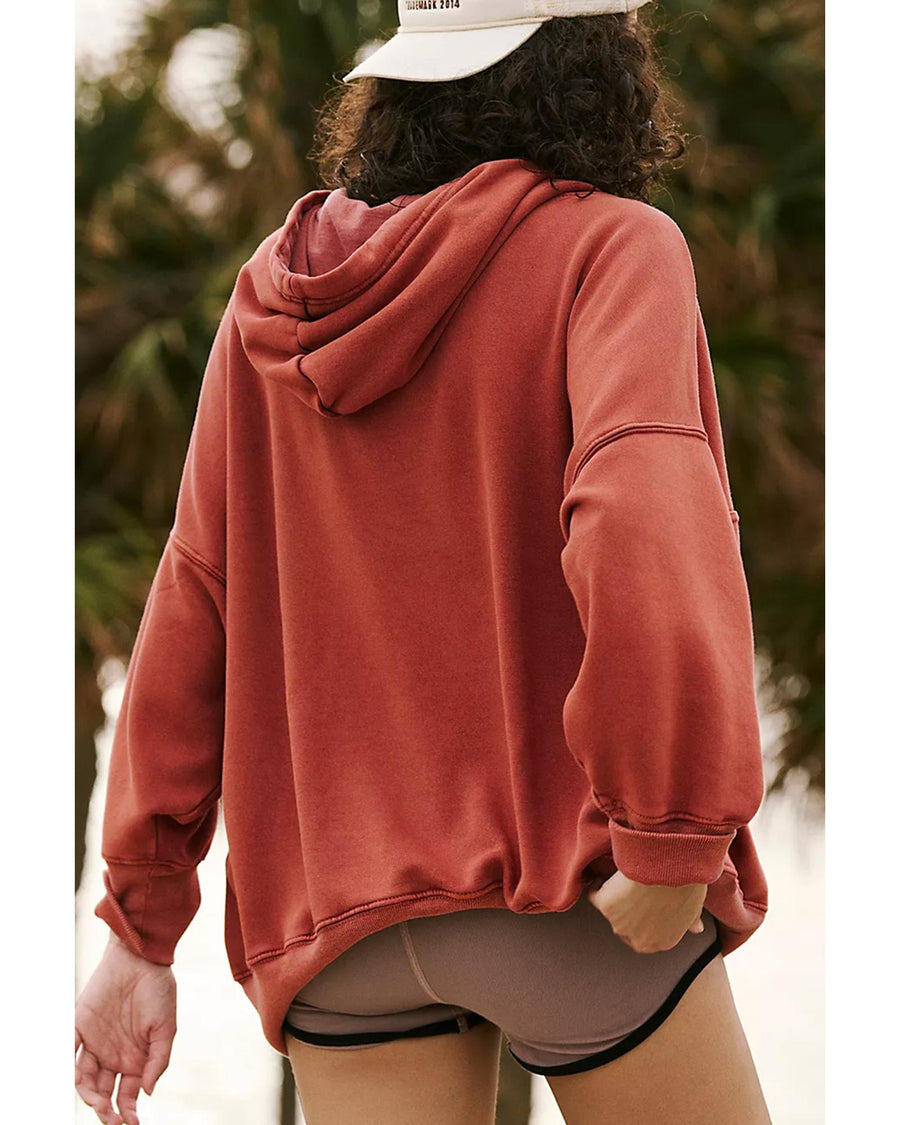Red Clay Drop Shoulder Pocketed Baggy Drawstring Hoodie - L