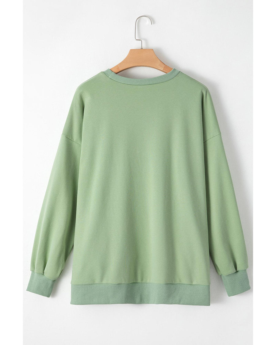 Smoke Green Solid O Neck High Low Hem Pullover Sweatshirt - S