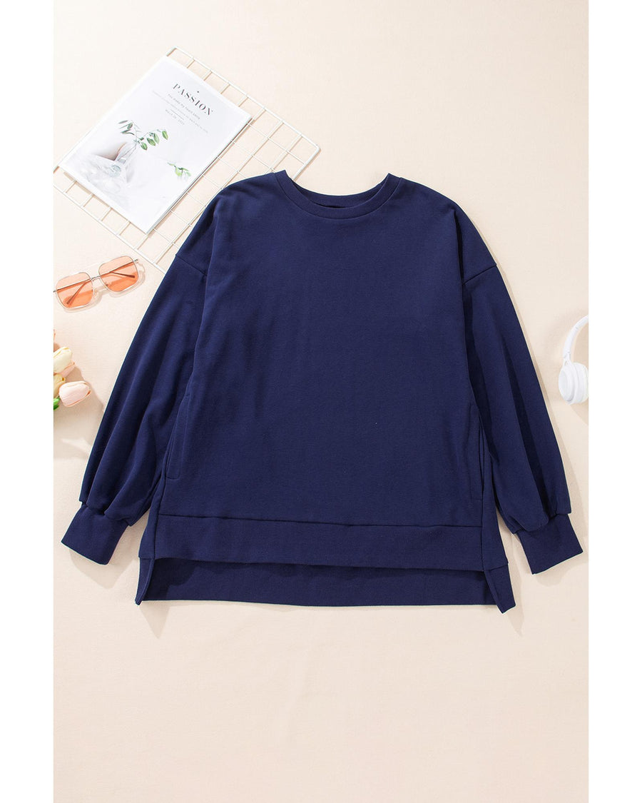 Navy Blue Solid O Neck High Low Hem Pullover Sweatshirt - S