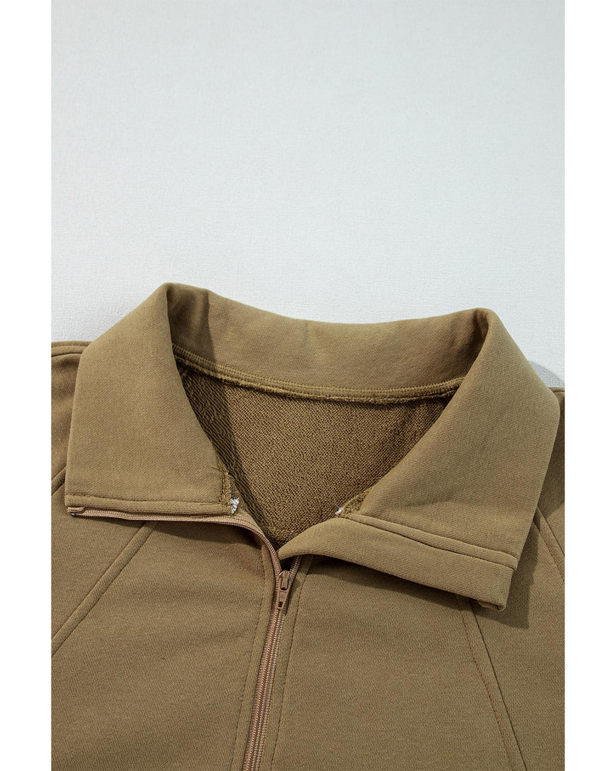 Brown Quarter Zip Stand Neck Kangaroo Pocket Sweatshirt - M