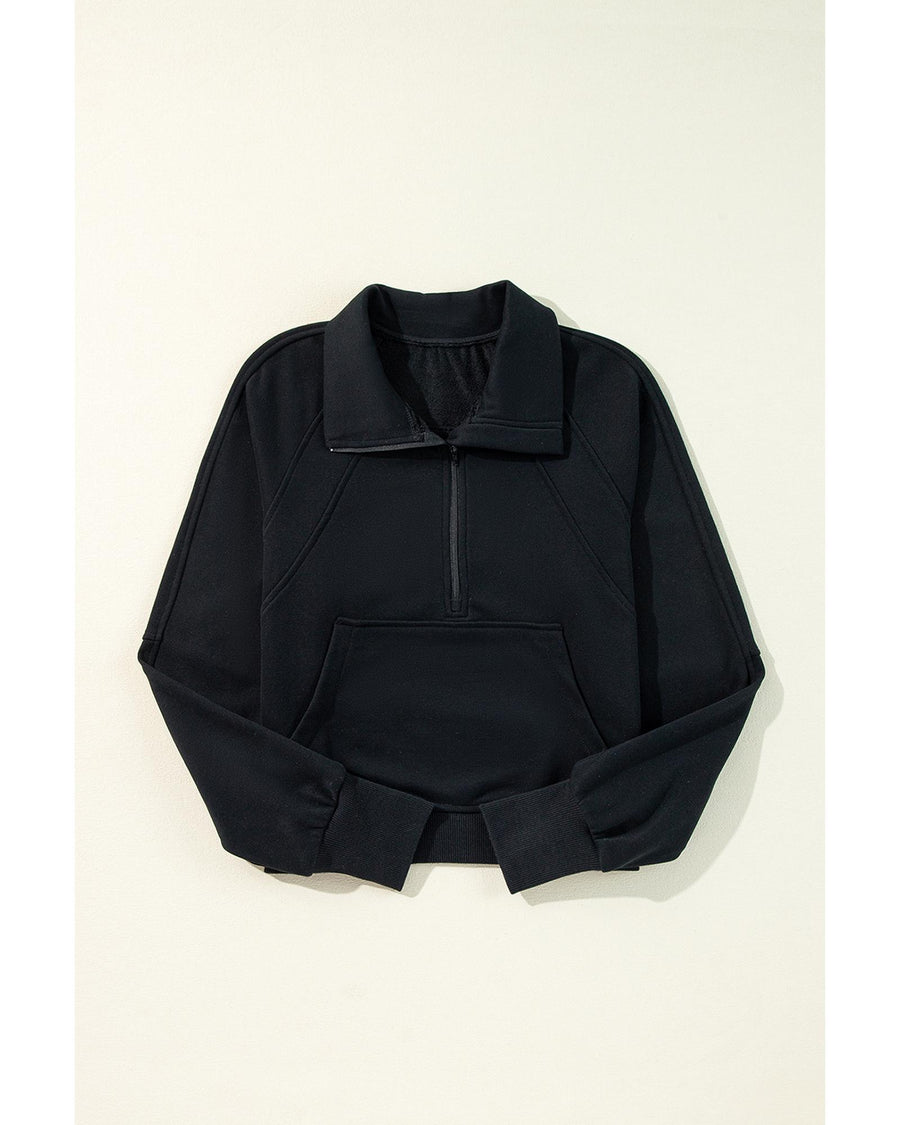 Black Quarter Zip Stand Neck Kangaroo Pocket Sweatshirt - M