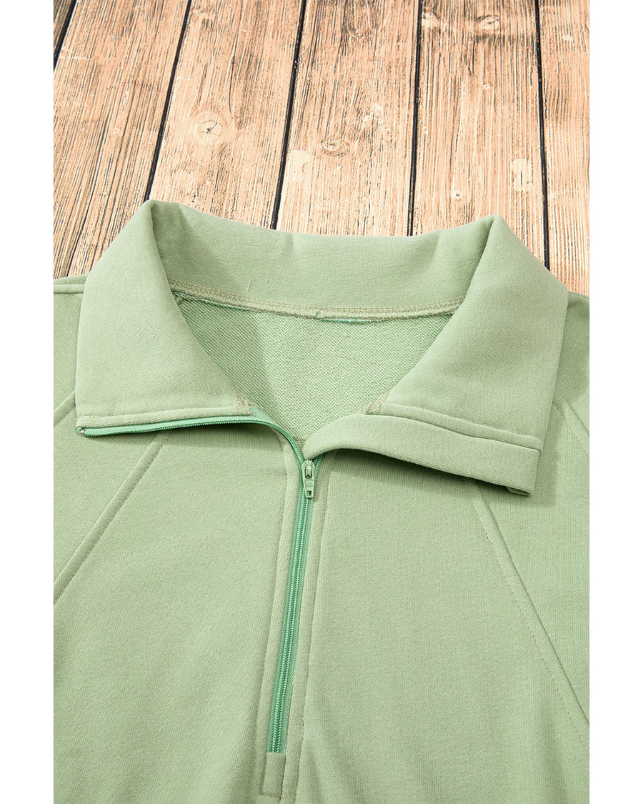 Smoke Green Quarter Zip Stand Neck Kangaroo Pocket Sweatshirt - XL