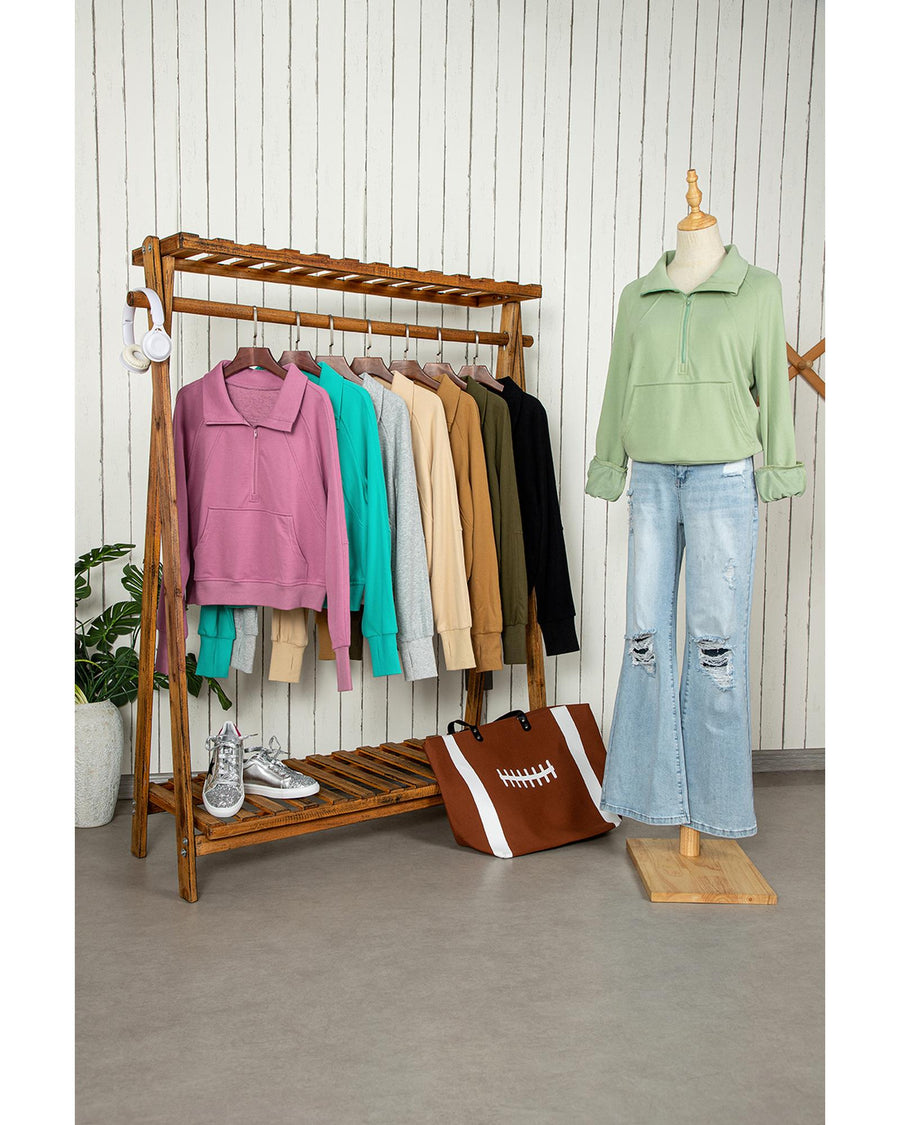 Aruba Blue Quarter Zip Stand Neck Kangaroo Pocket Sweatshirt - L