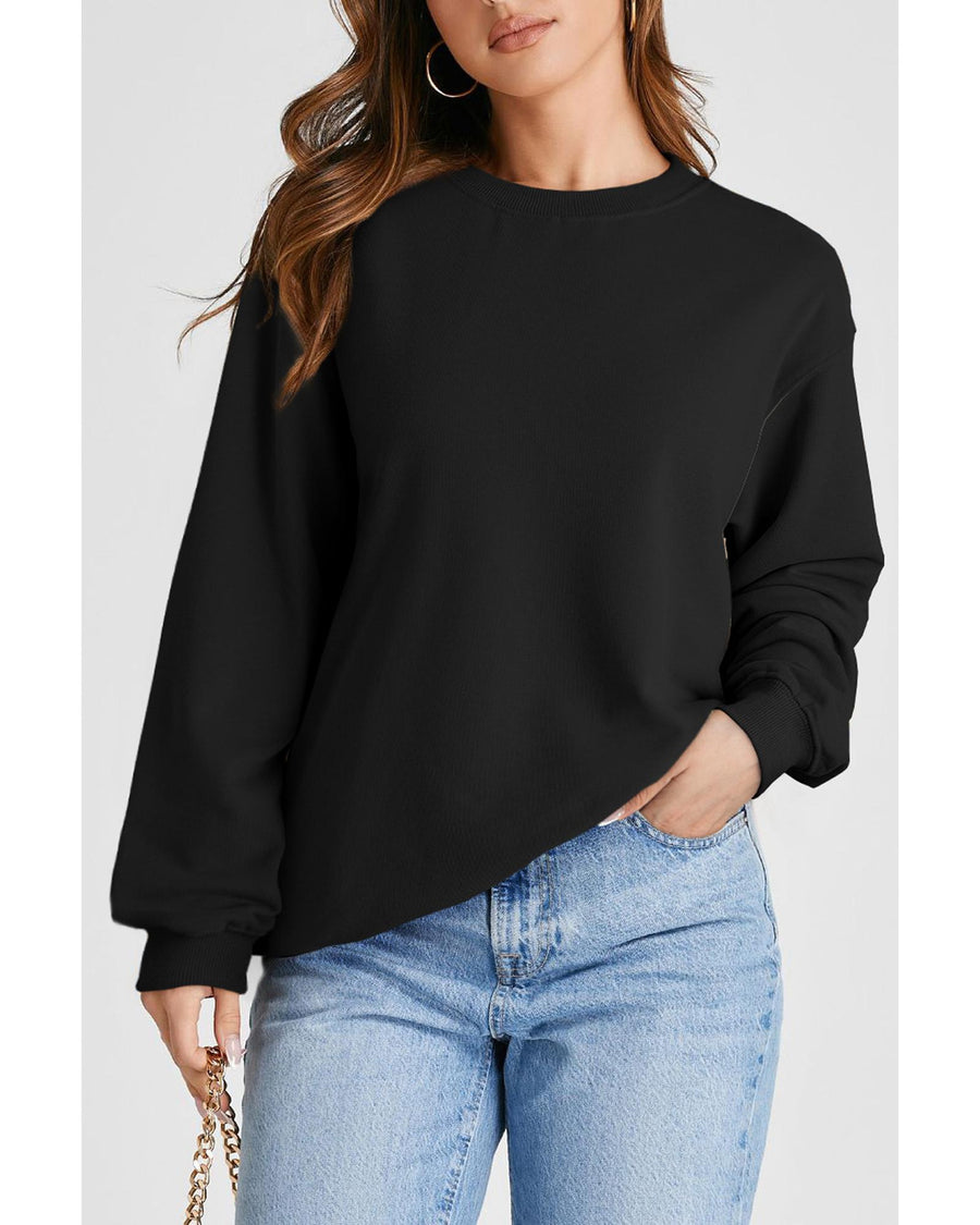 Black Plain Drop Shoulder Crewneck Pullover Sweatshirt - 2XL