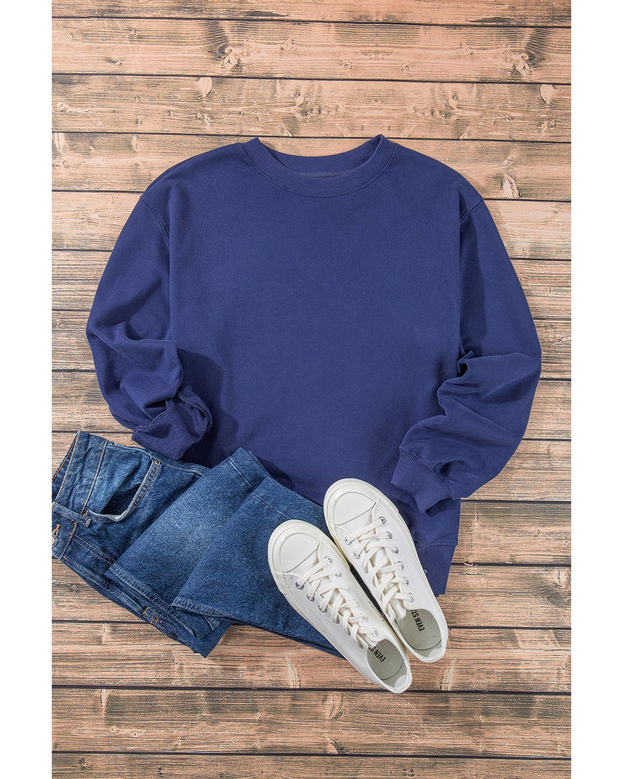 Navy Blue Plain Drop Shoulder Crewneck Pullover Sweatshirt - L