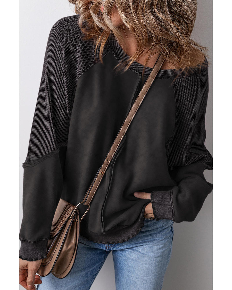 Black Solid Waffle Knit Patchwork Raglan Sleeve Sweatshirt - 2XL