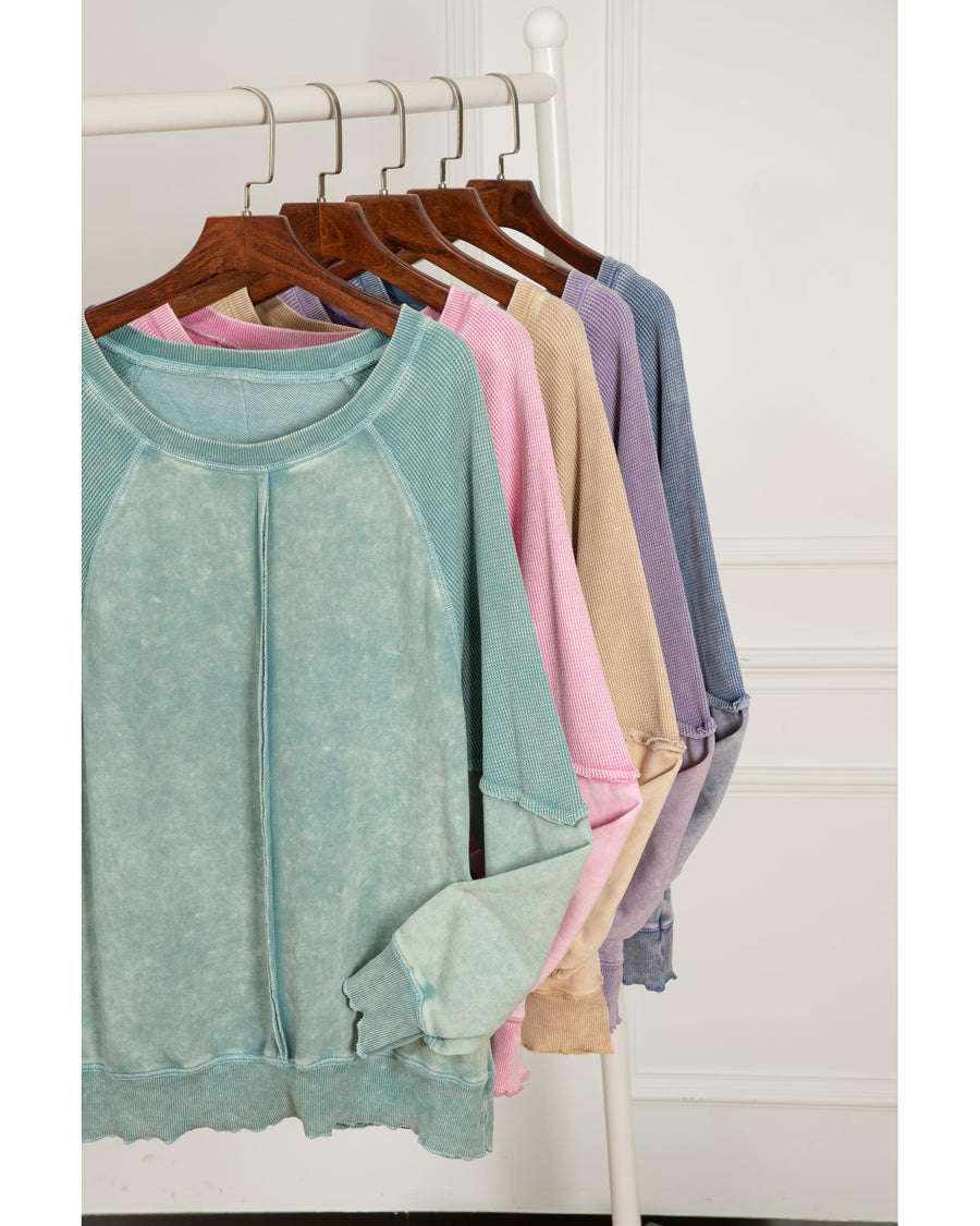Light French Beige Solid Waffle Knit Patchwork Raglan Sleeve Sweatshirt - XL