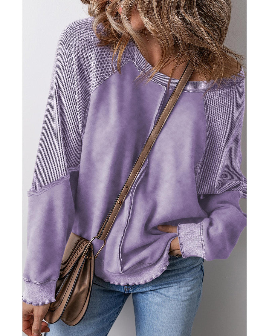 Orchid Petal Solid Waffle Knit Patchwork Raglan Sleeve Sweatshirt - L