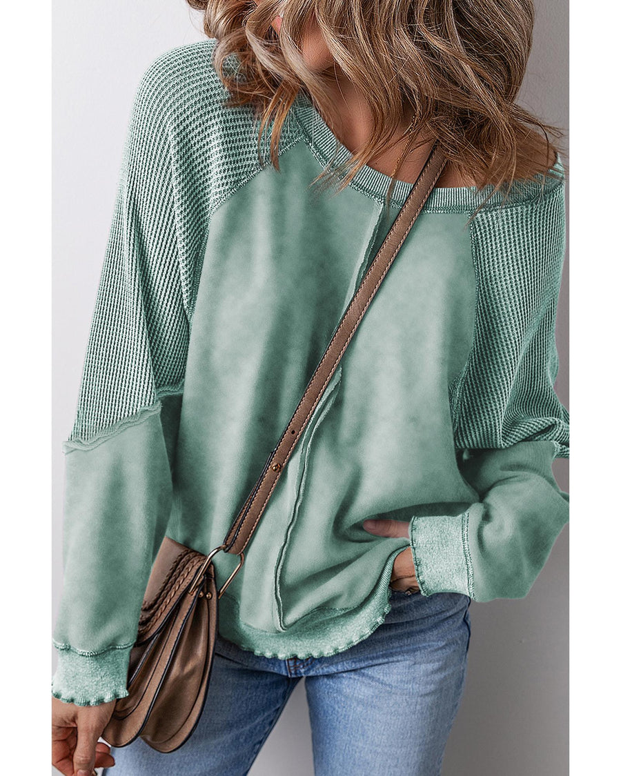 Mineral Blue Solid Waffle Knit Patchwork Raglan Sleeve Sweatshirt - S