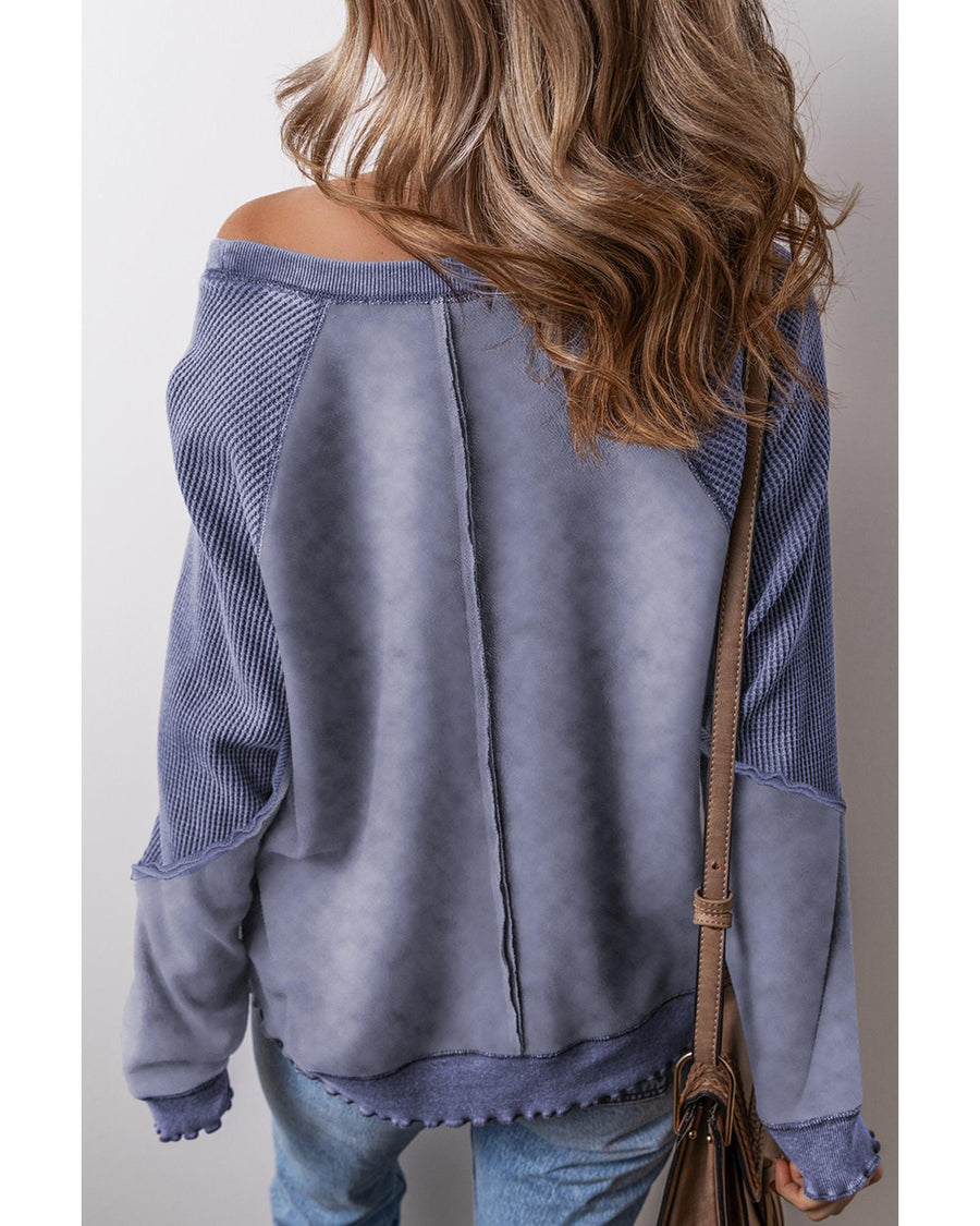 Sail Blue Solid Waffle Knit Patchwork Raglan Sleeve Sweatshirt - M