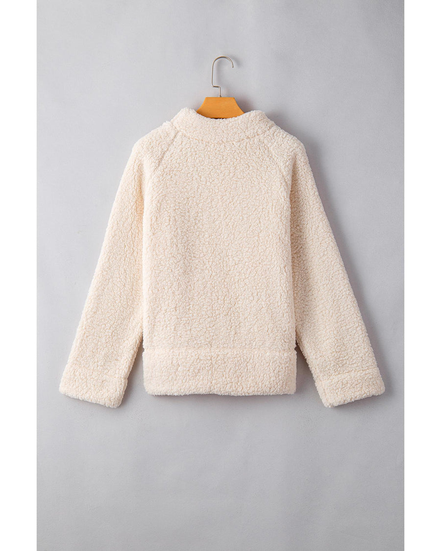 White Solid Fleece High Neck Drop Shoulder Pullover Sweatshirt - L