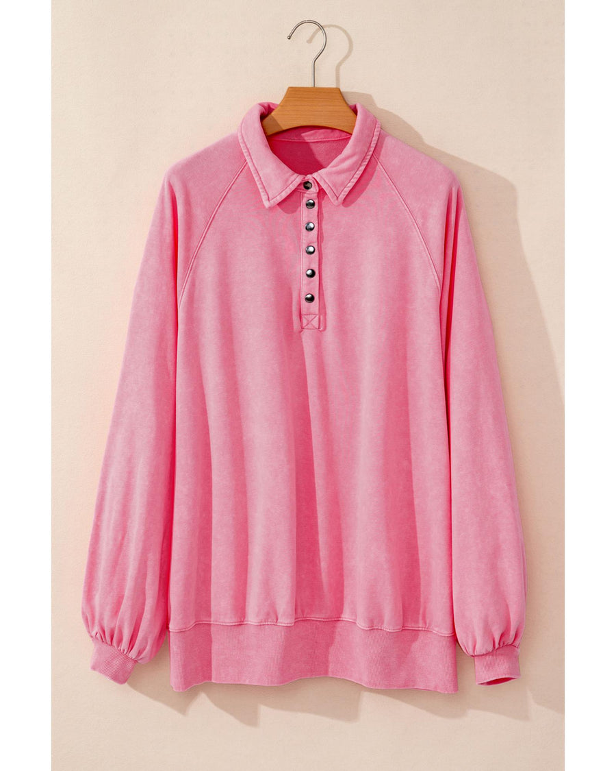 Pink Solid Snap Buttons Collared Balloon Sleeve Oversized Sweatshirt - L
