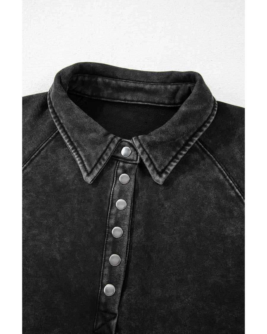 Black Solid Snap Buttons Collared Balloon Sleeve Oversized Sweatshirt - S