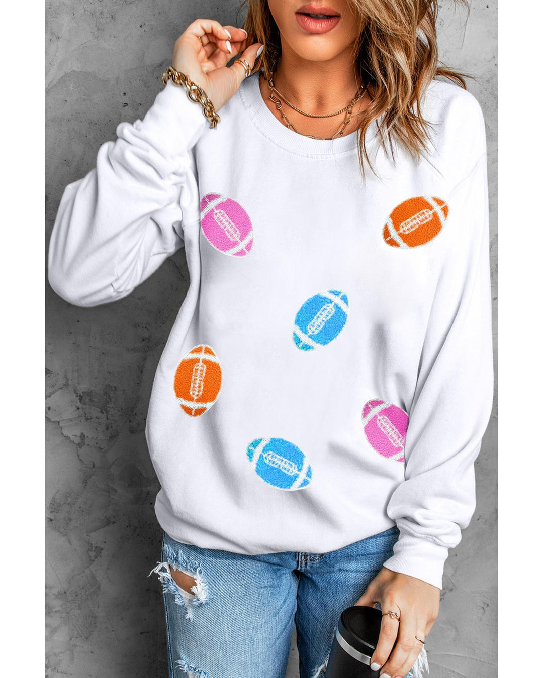 Beige Rugby Chenille Embroidered Patched Pullover Sweatshirt - 2XL