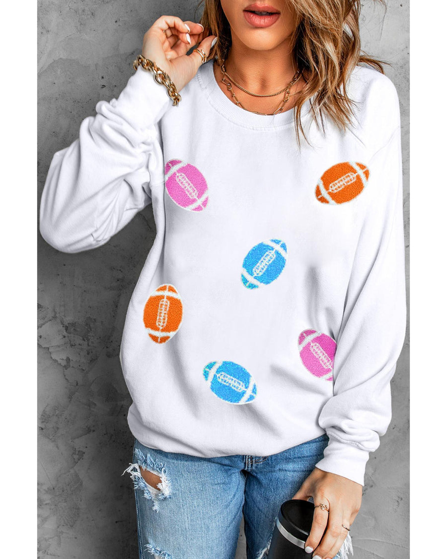 Beige Rugby Chenille Embroidered Patched Pullover Sweatshirt - 2XL