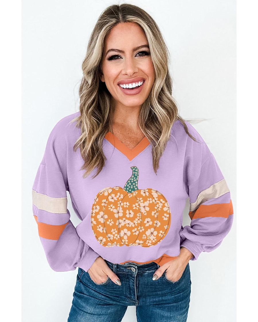 Orchid Bouquet Halloween Floral Pumpkin Color Block V Neck Sweatshirt - M