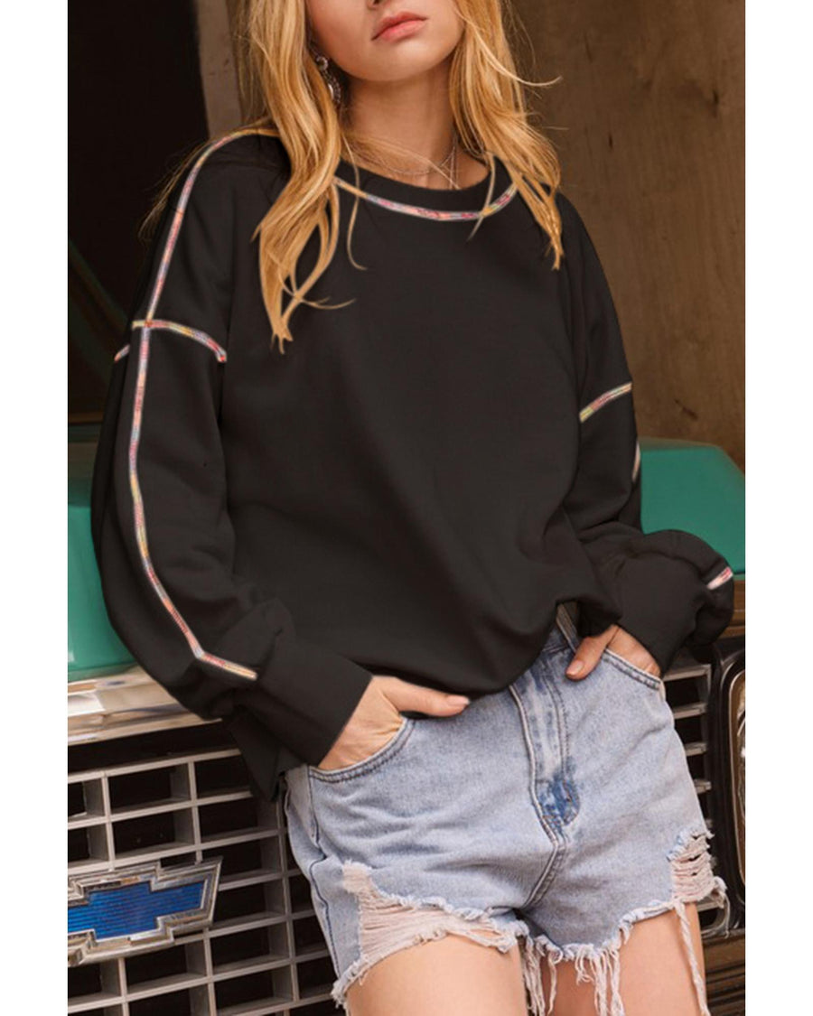 Black Contrast Rainbow Trim Drop Shoulder Pullover Sweatshirt - S