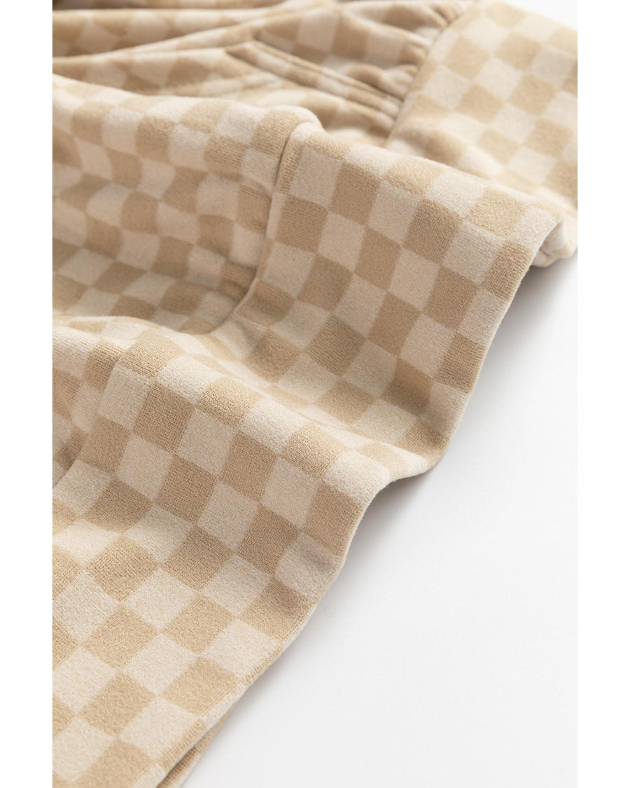 Khaki Checkered Print Kangaroo Pocket Drawstring Hoodie - XL