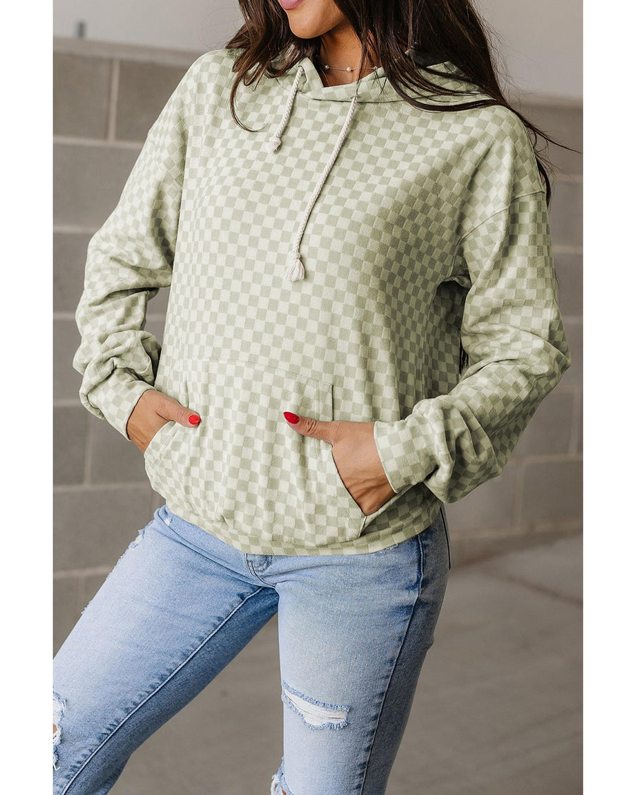 Green Checkered Print Kangaroo Pocket Drawstring Hoodie - L