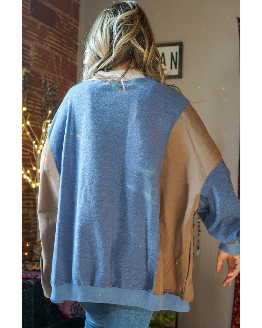 Sky Blue Ribbed Detail Color Block Sleeve Baggy Sweatshirt - XL