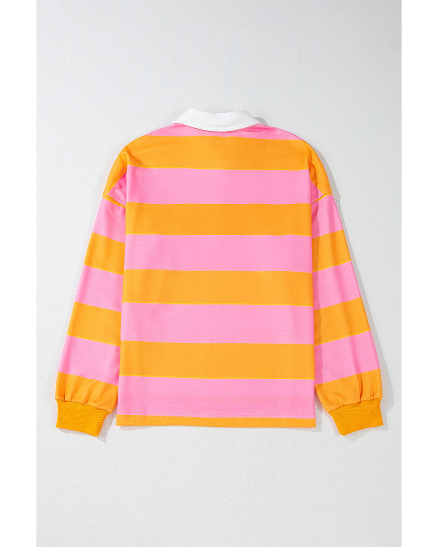 Yellow Stripe Color Block Polo Collar Sweatshirt - S
