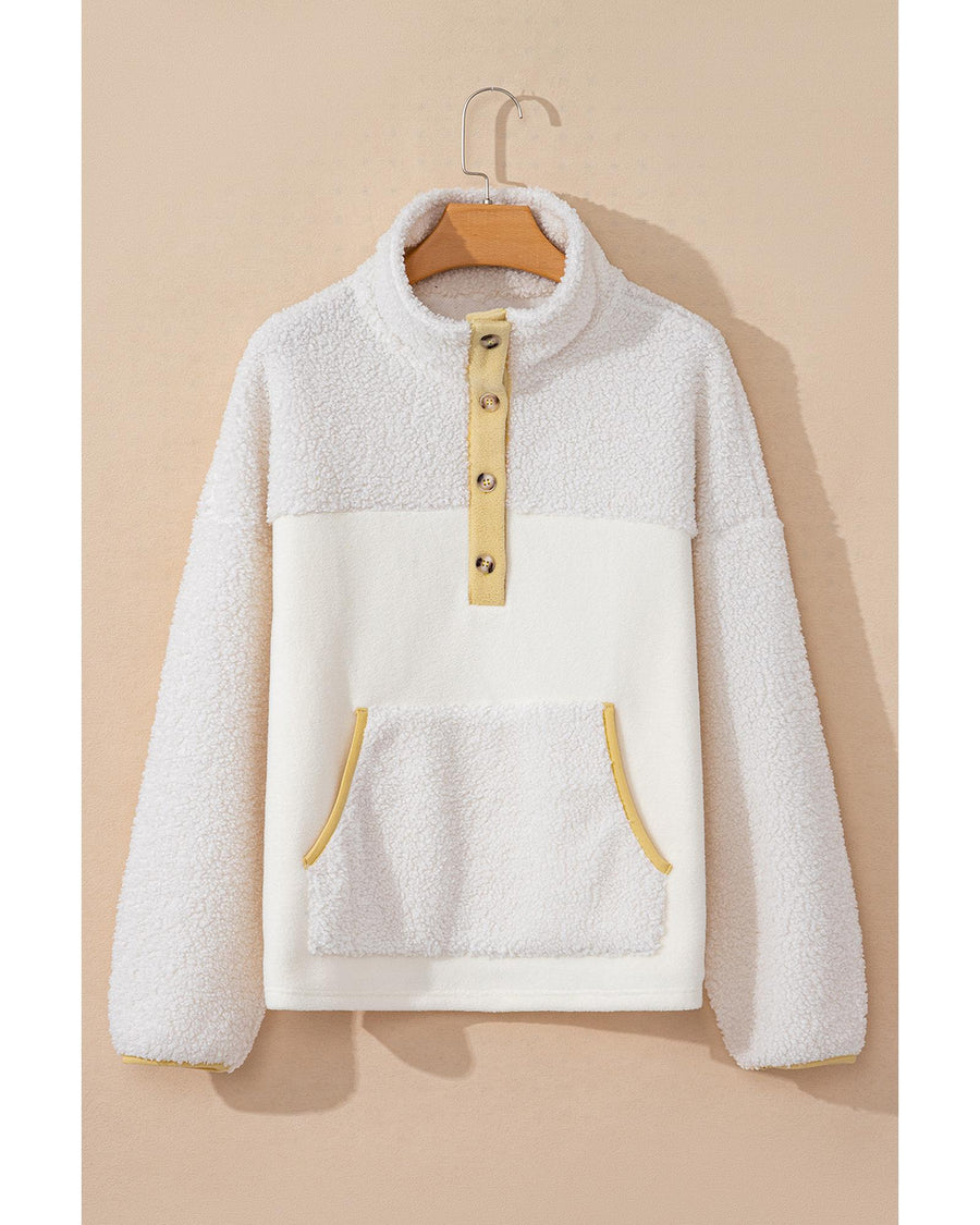 Beige Fleece Colorblock Trim Buttons Collar Sweatshirt with Pocket - M