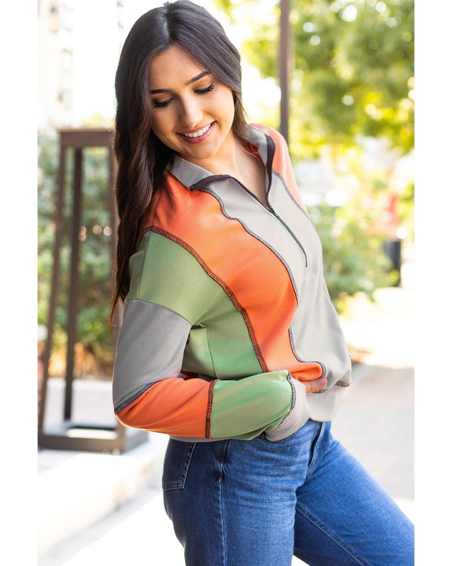Light Grey Color Block Stitching Detail Half Zipper Sweatshirt - S