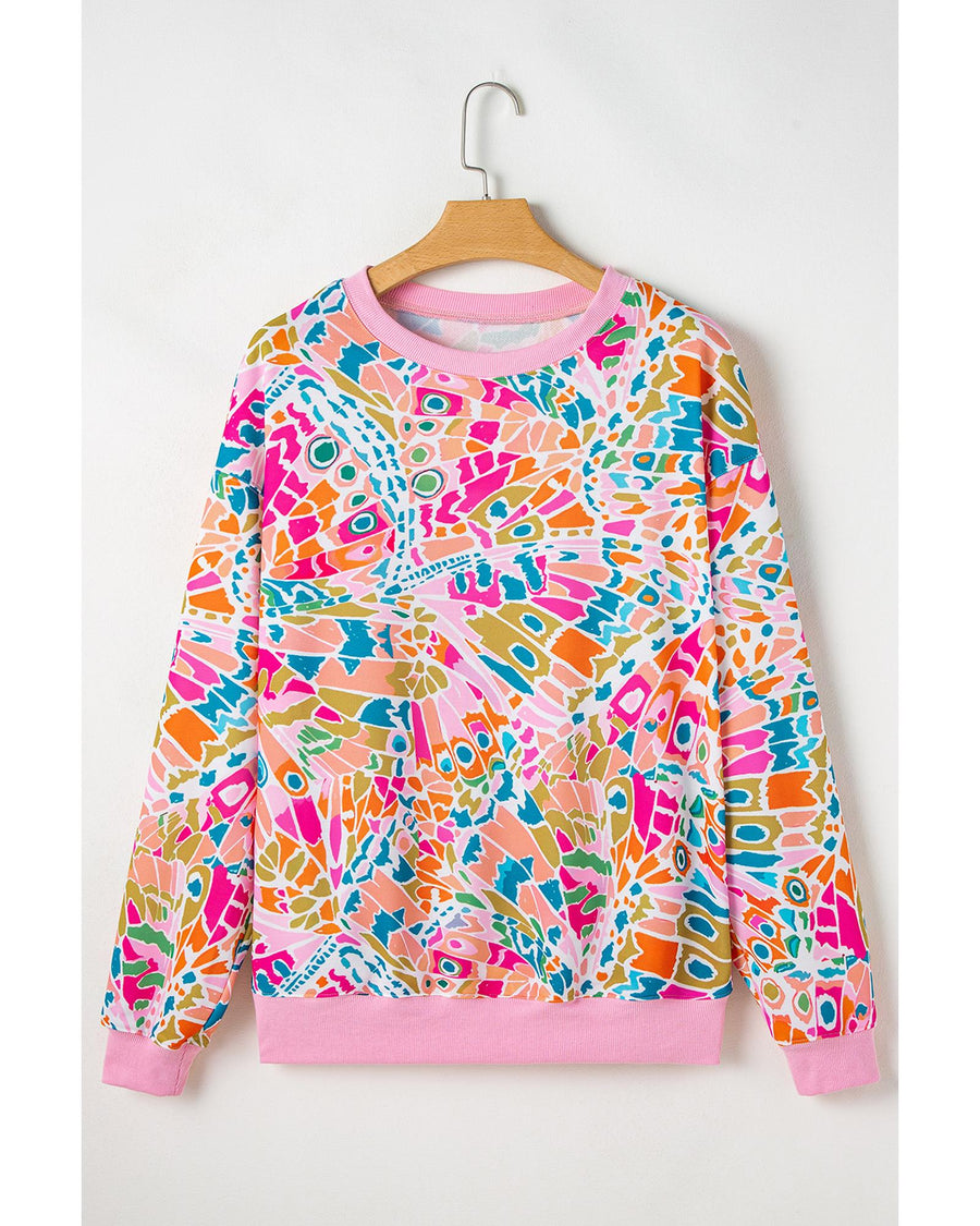 Pink Abstract Printed Drop Shoulder Loose Sweatshirt - S
