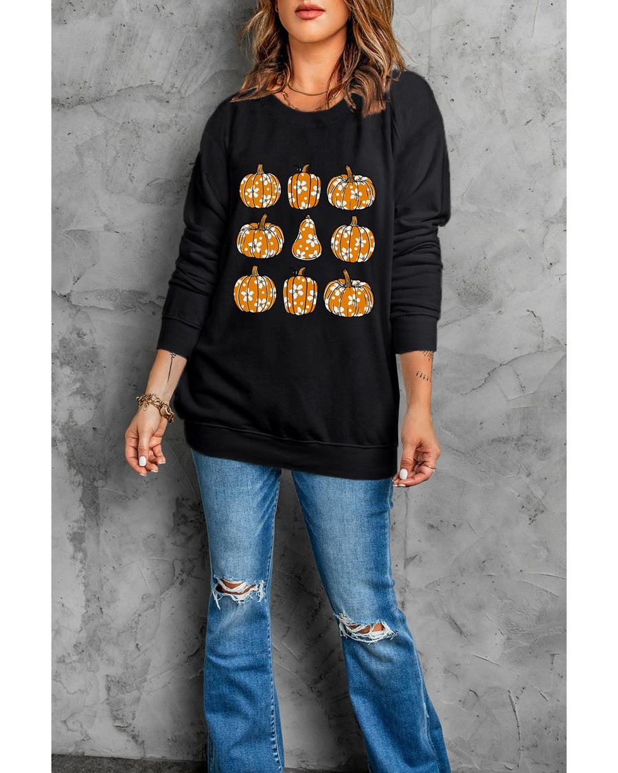 Black Floral Pumpkin Graphic Round Neck Halloween Sweatshirt - S
