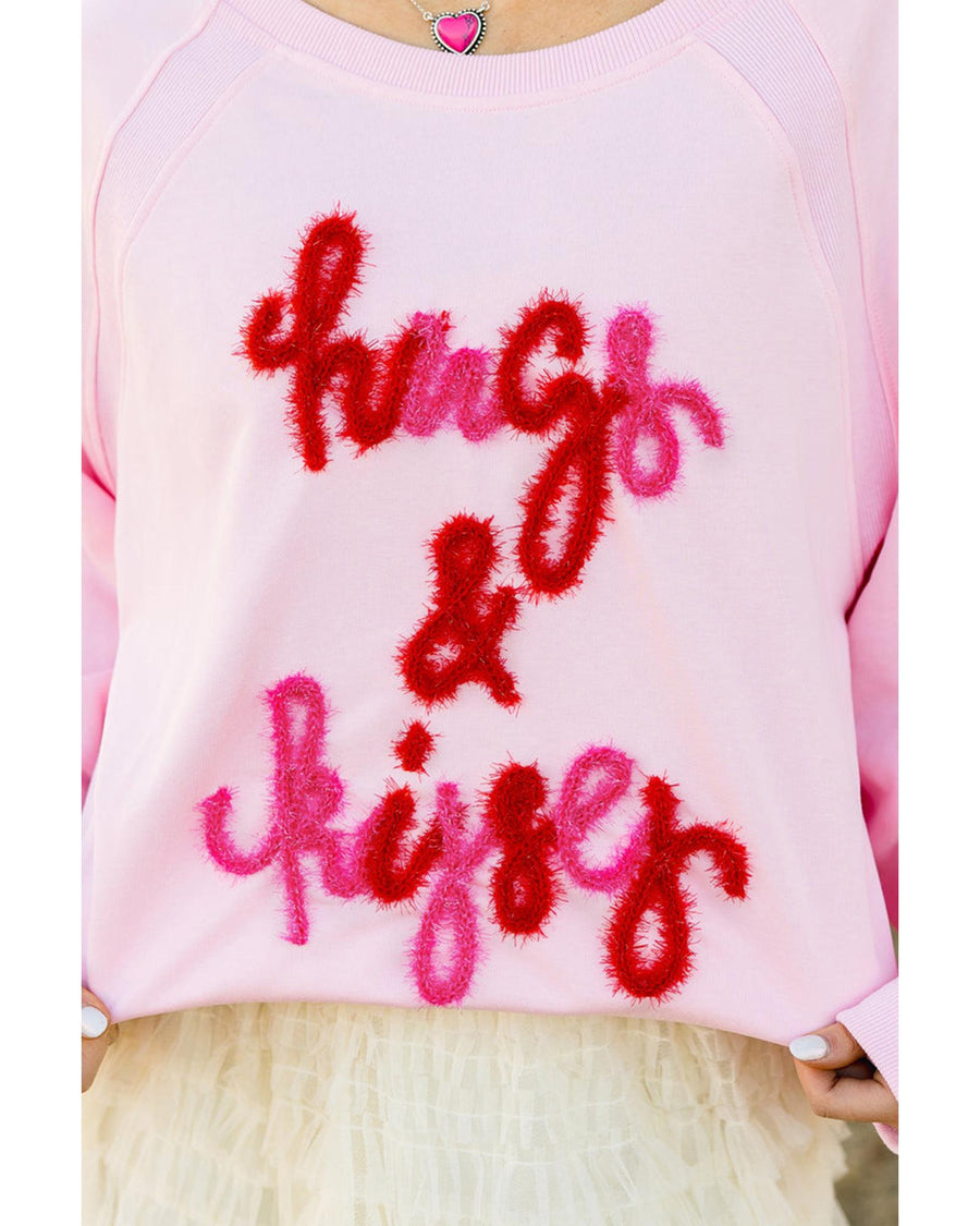 Pink Hugs and Kisses Pop Up Embroidered Raglan Sleeve Sweatshirt - S