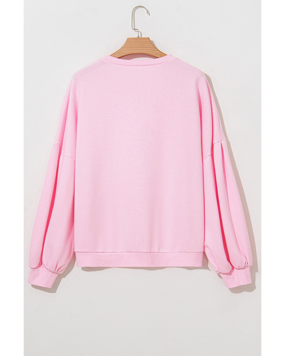 Light Pink Embroidered Bow Lantern Sleeve Oversized Pullover Sweatshirt - M