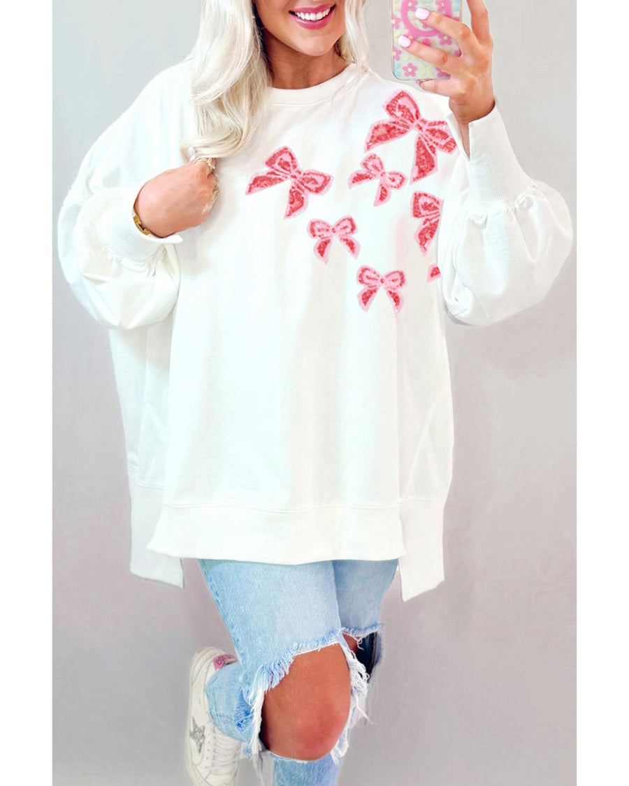 White Sequin Bowknot High Low Oversize Sweatshirt - M