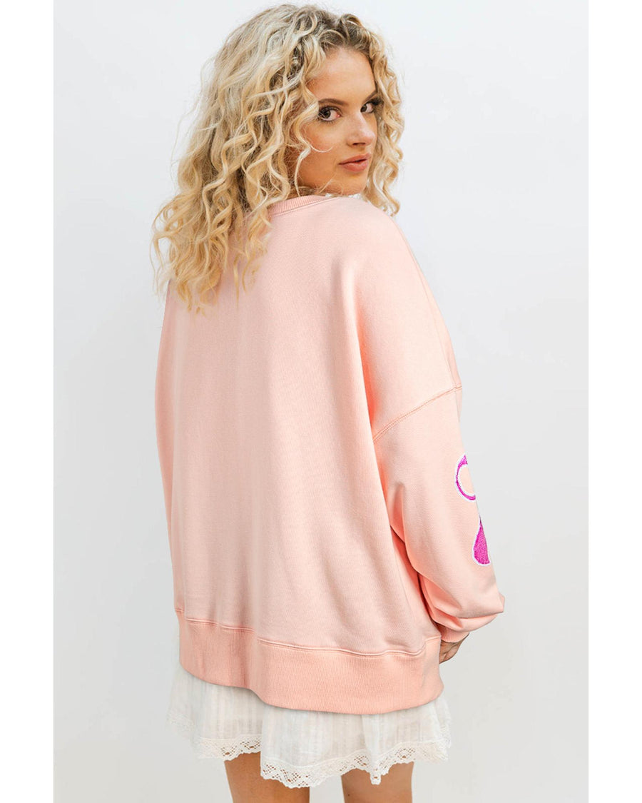 Apricot Pink Sequined Bowknot Drop Shoulder Oversized Sweatshirt - L