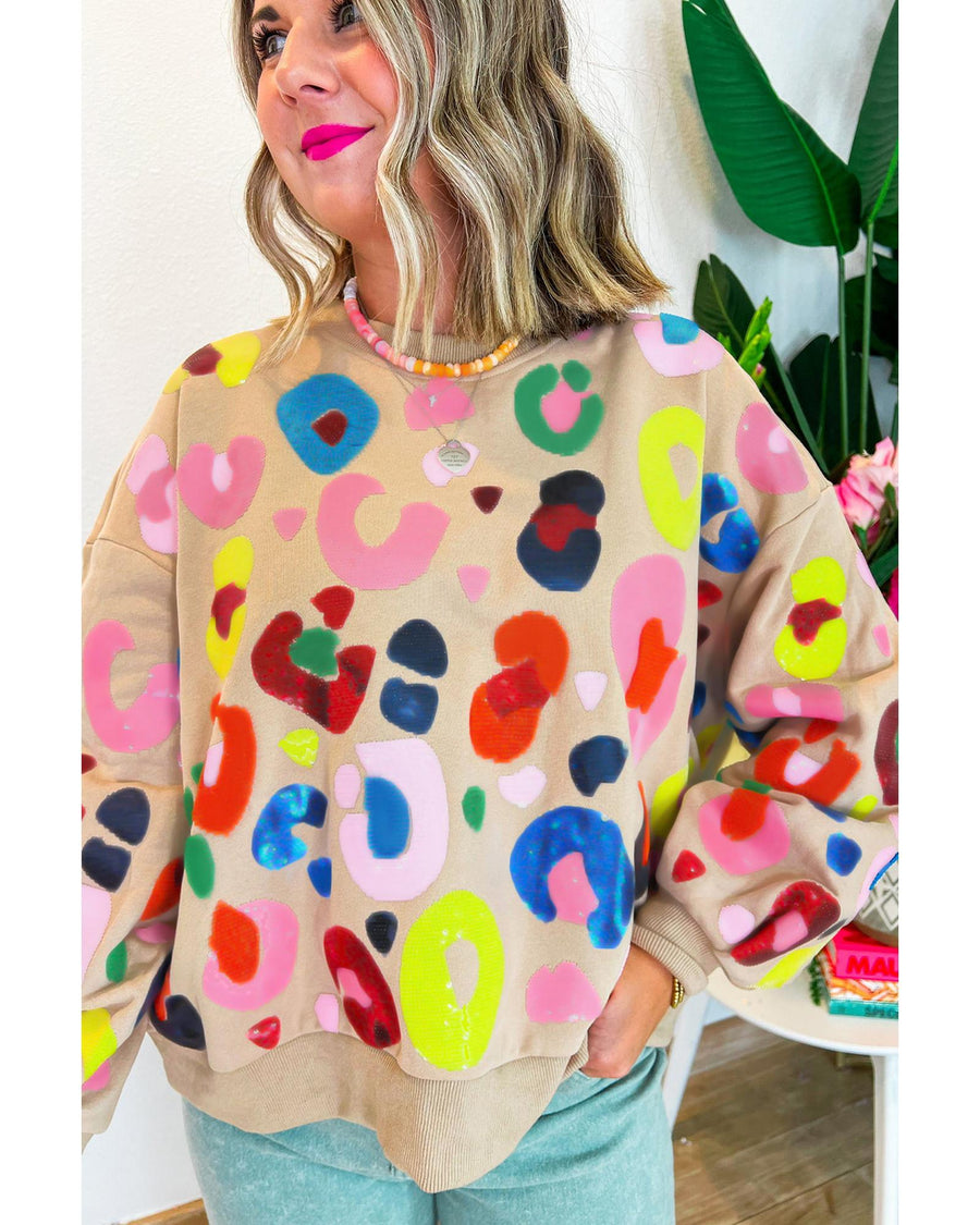Khaki Multicolor Leopard Printed Drop Shoulder Pullover Sweatshirt - S