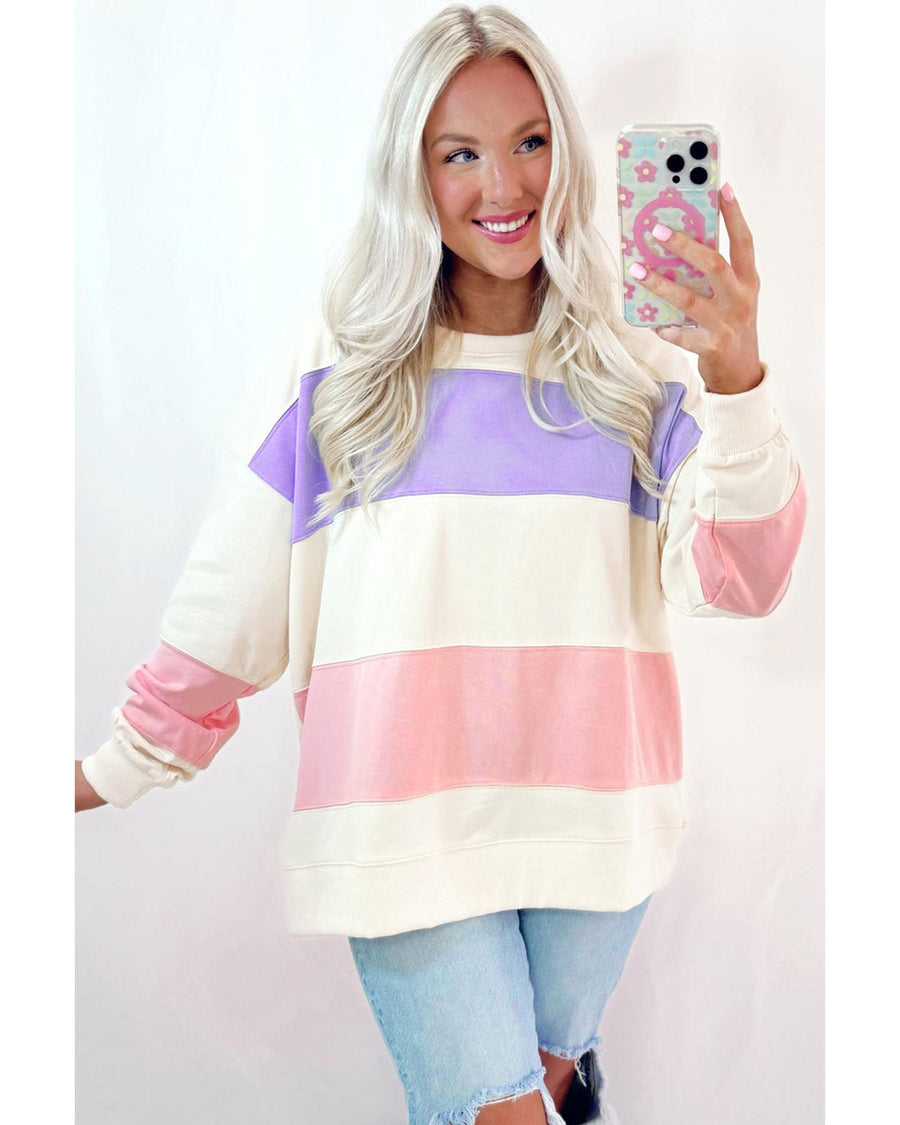 Beige Colorblock Patchwork Drop Shoulder Crewneck Sweatshirt - S