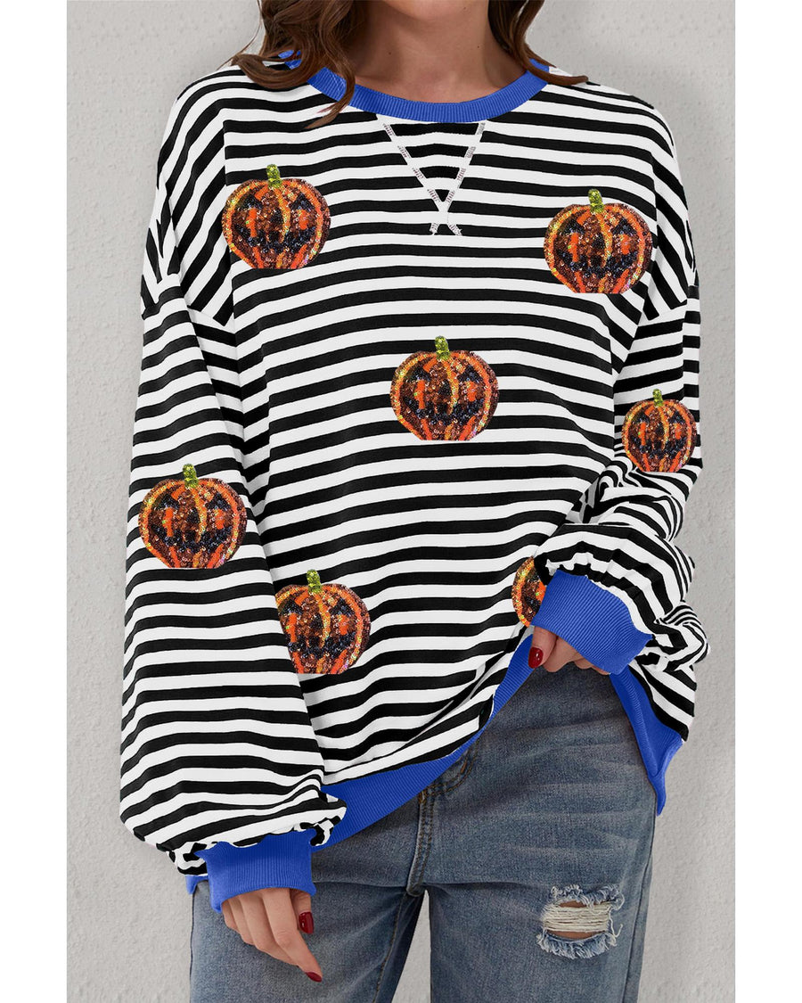 Black Stripe Funny Halloween Pumpkin Face Pattern Oversize Sweatshirt - L