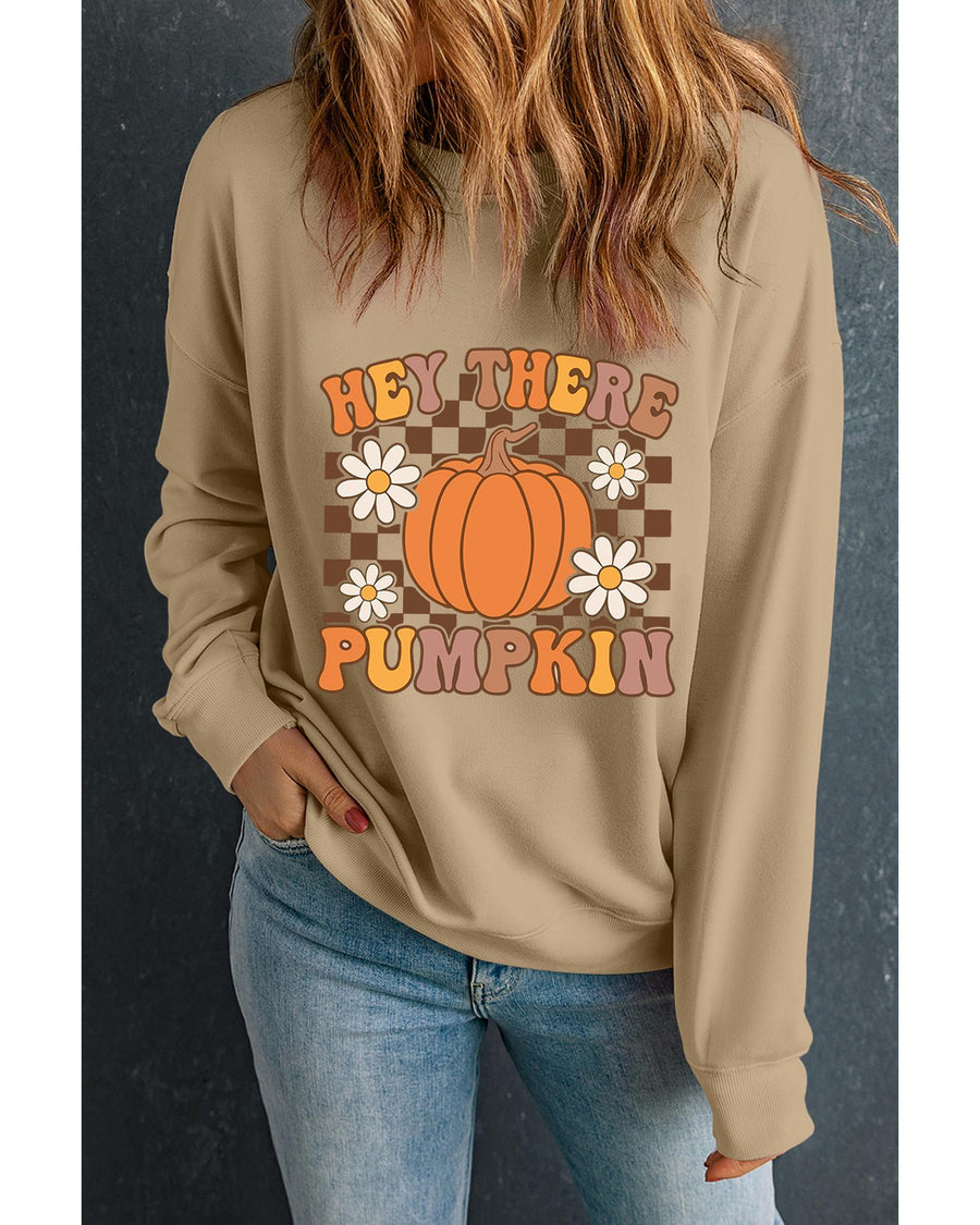 Khaki Floral Checkered Pumpkin Graphic Drop Shoulder Thanksgiving Sweatshirt - S