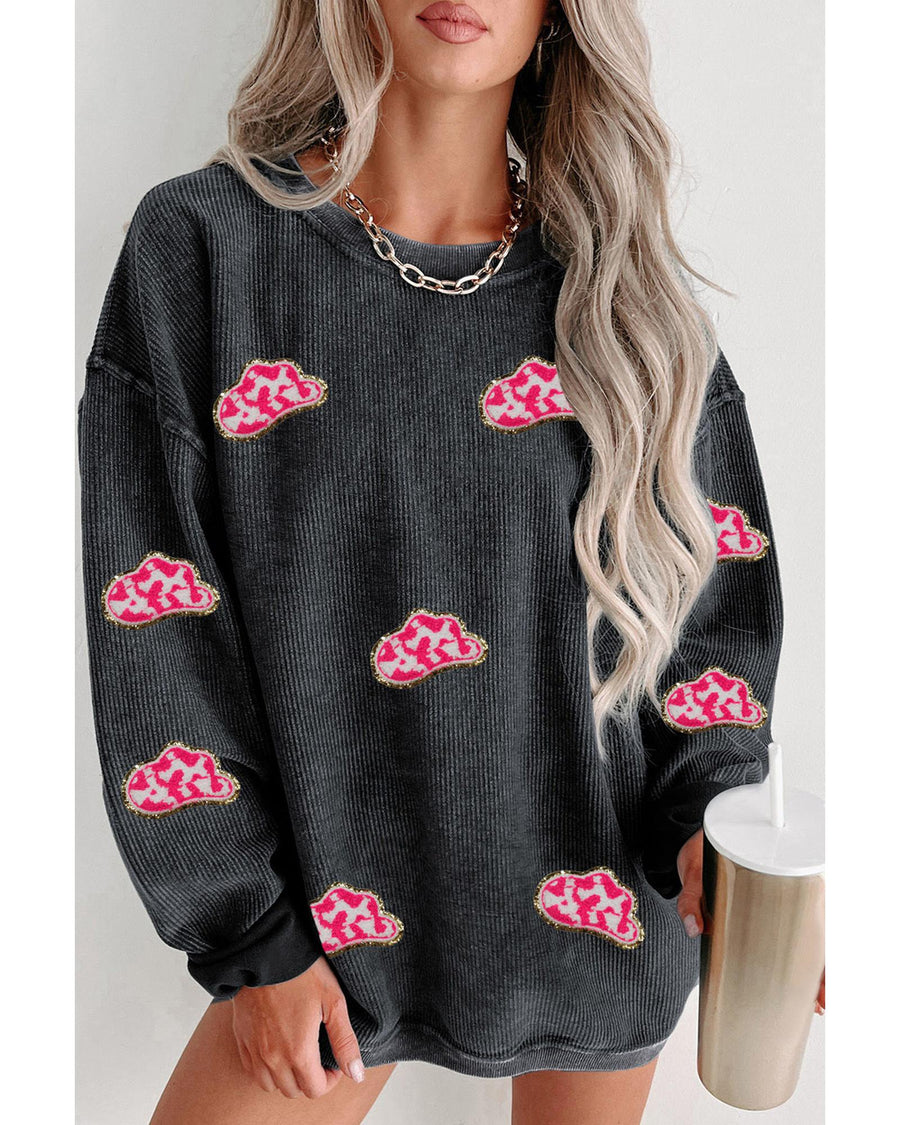 Black Glittering Cowboy Hat Patched Corded Pullover Sweatshirt - S