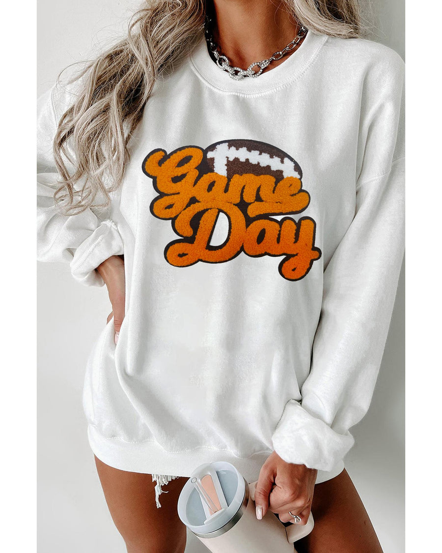 White Chenille Game Day Rugby Football Pattern Pullover Sweatshirt - L