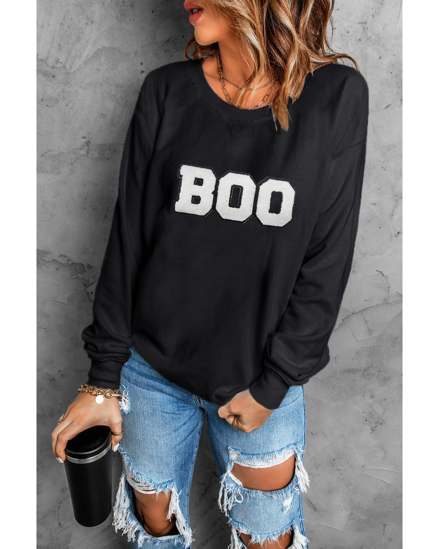 Black Chenille BOO Patched Pattern Crewneck Halloween Sweatshirt - S