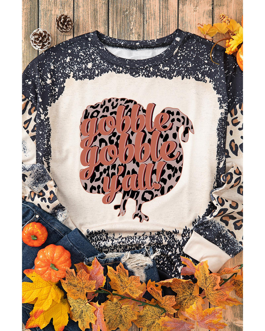 Black Gobble Gobble Yall Bleached Leopard Pullover Sweatshirt - XL