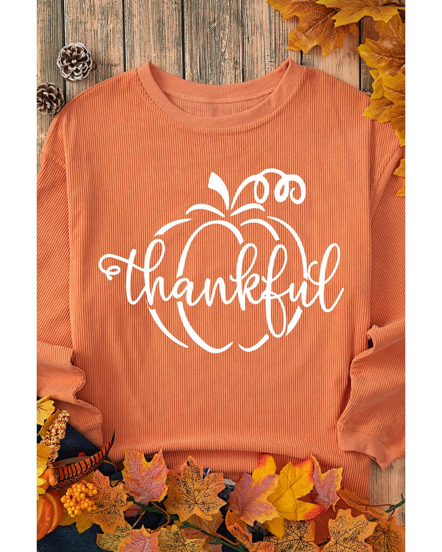 Orange Pumpkin thankful Graphic Corded Thanksgiving Sweatshirt - S