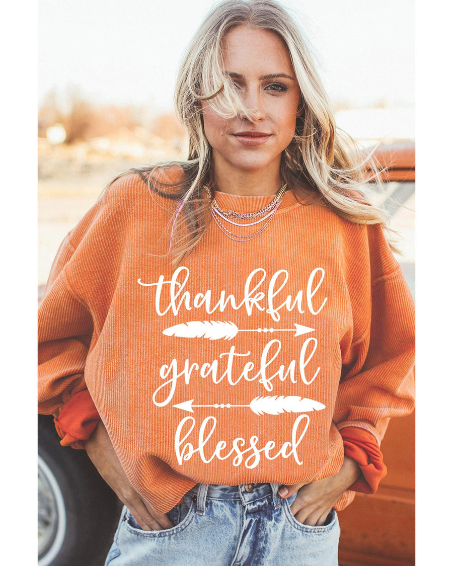 Orange thankful grateful blessed Arrow Graphic Corded Sweatshirt - L