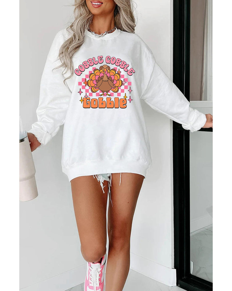 White Gobble Gobble Turkey Graphic Crewneck Thanksgiving Sweatshirt - M