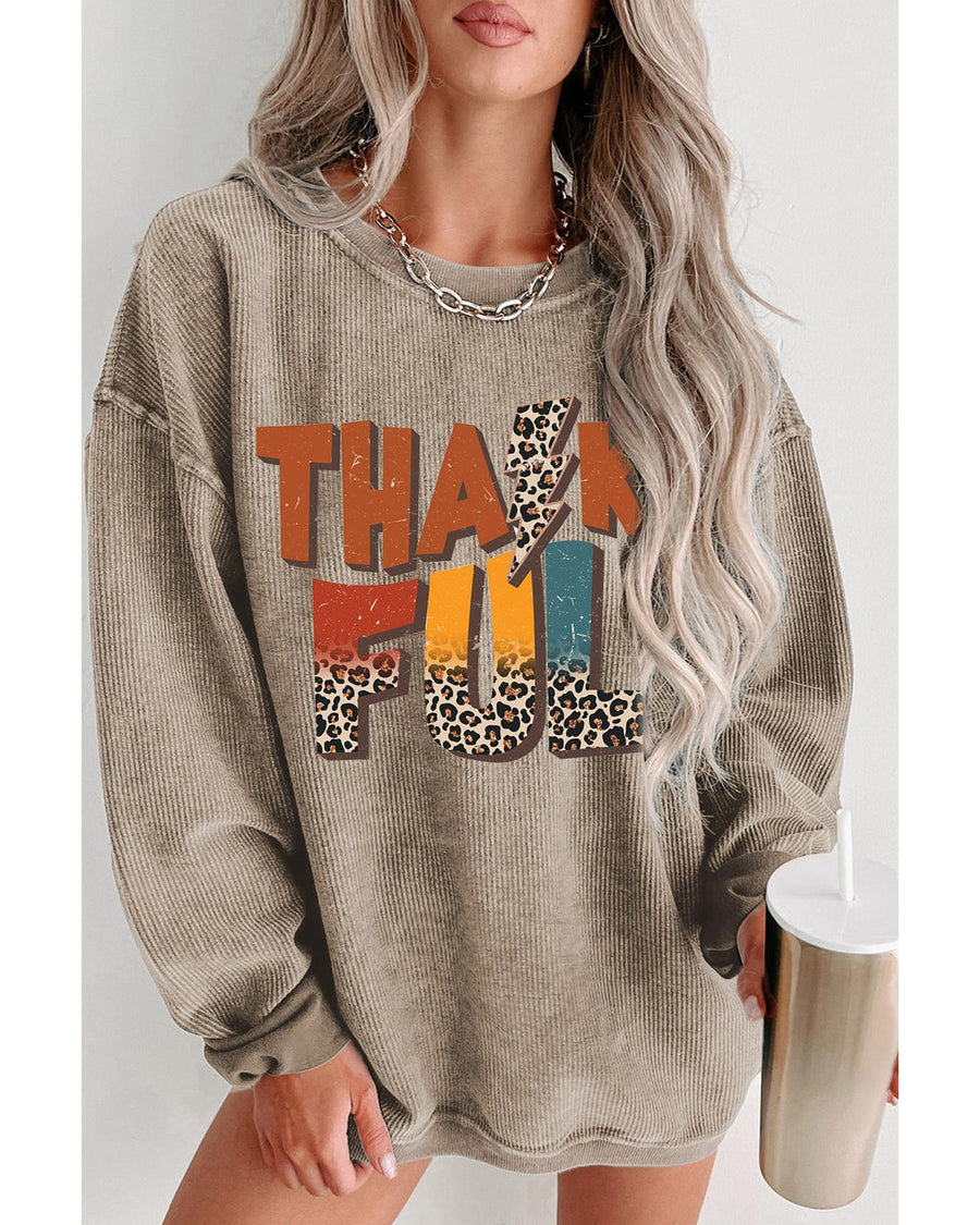 Khaki Leopard THANKFUL Graphic Corded Thanksgiving Sweatshirt - S