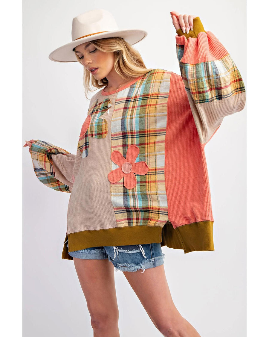 Multicolour Waffle Knit Plaid Patchwork Side Slits Loose Sweatshirt - M