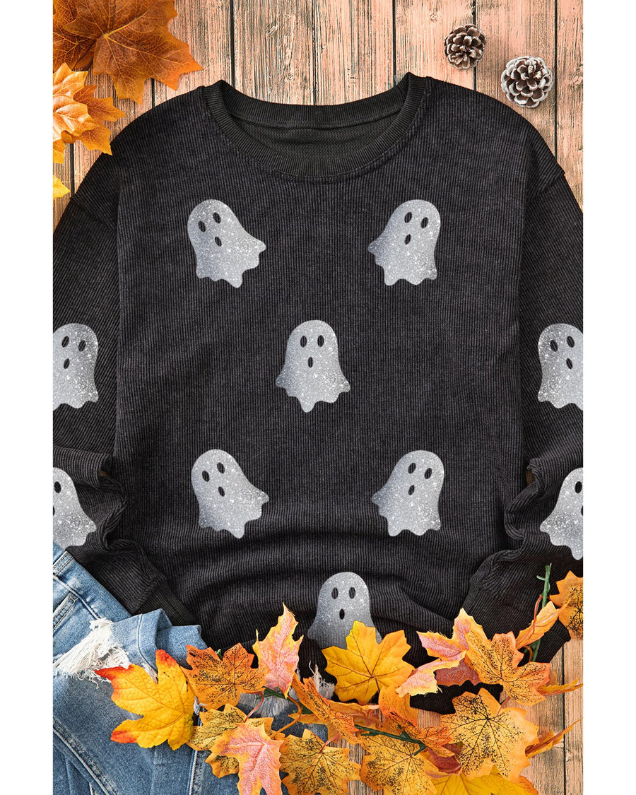 Black Halloween Ghost Corded Crew Neck Loose Sweatshirt - M