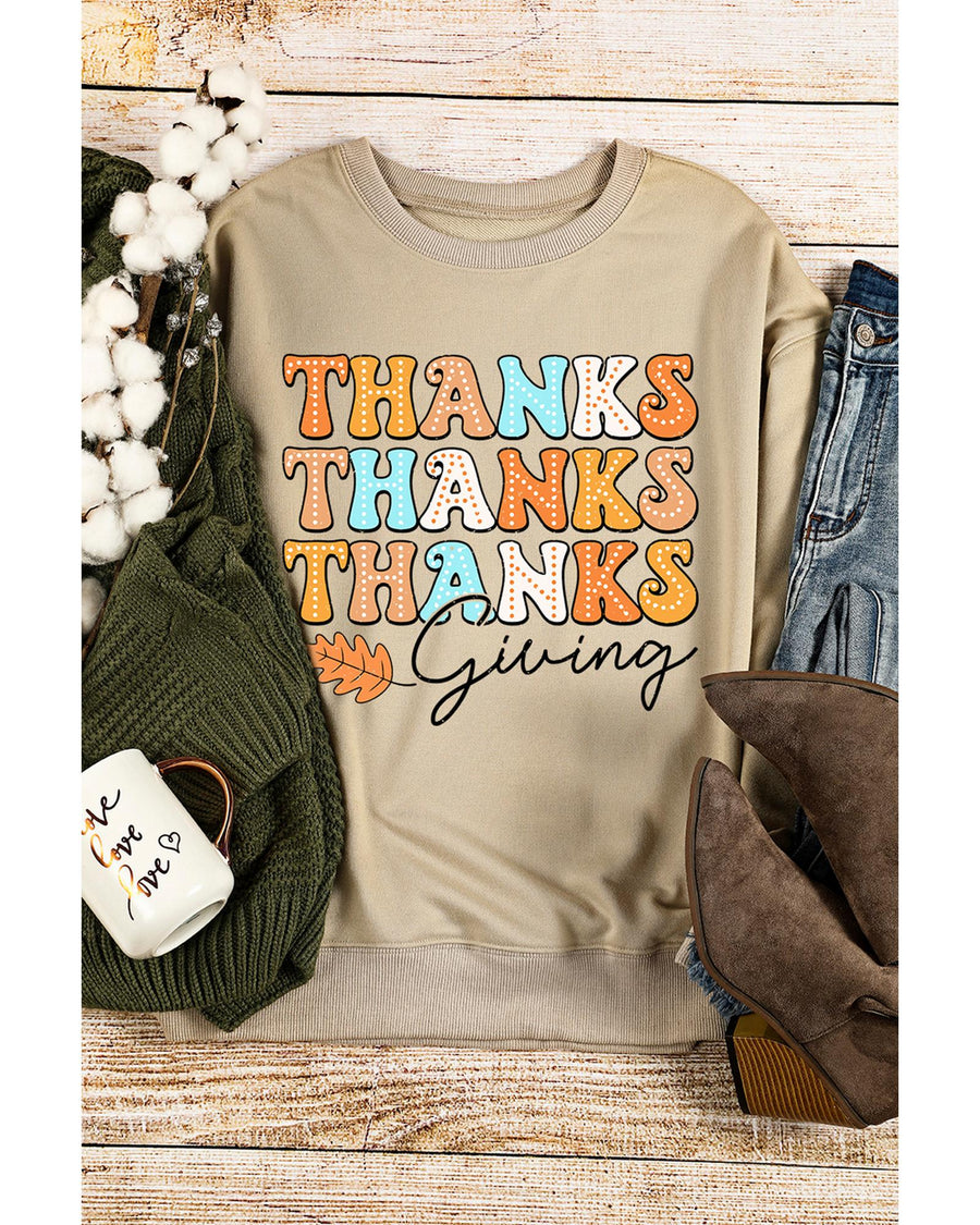 Khaki THANKS giving Leaves Printed Drop Shoulder Sweatshirt - M